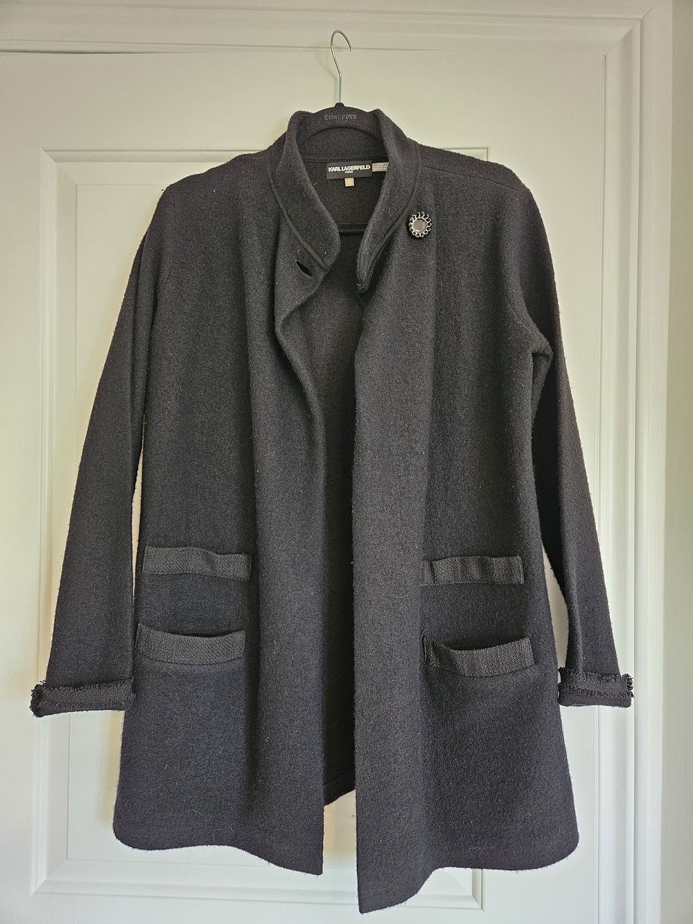 Karl Lagerfeld Black Wool-Blend Open Front Peacoat
